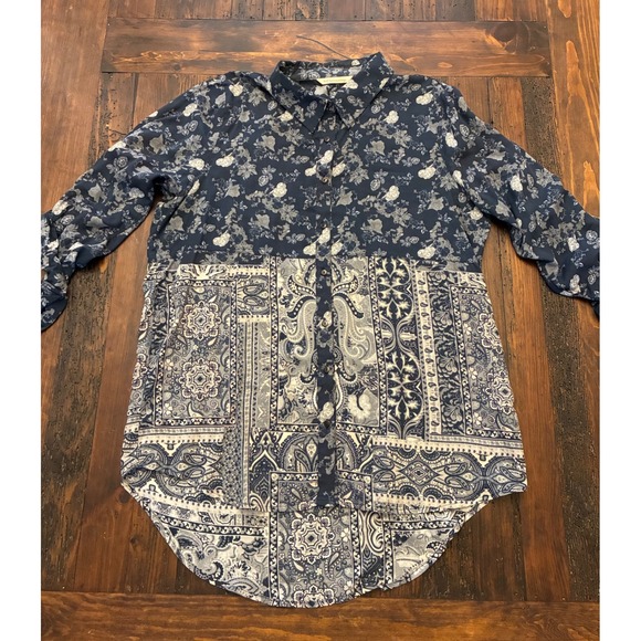 Soft Surroundings Tops - Soft Surroundings Blue Mixed Media High Low Button Down Tunic Women's Size XL